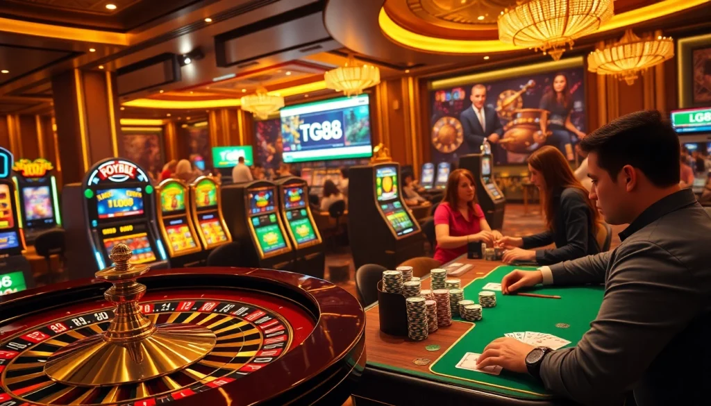 Playing poker and spinning slots at TG88 online gambling platform with vibrant casino aesthetics.