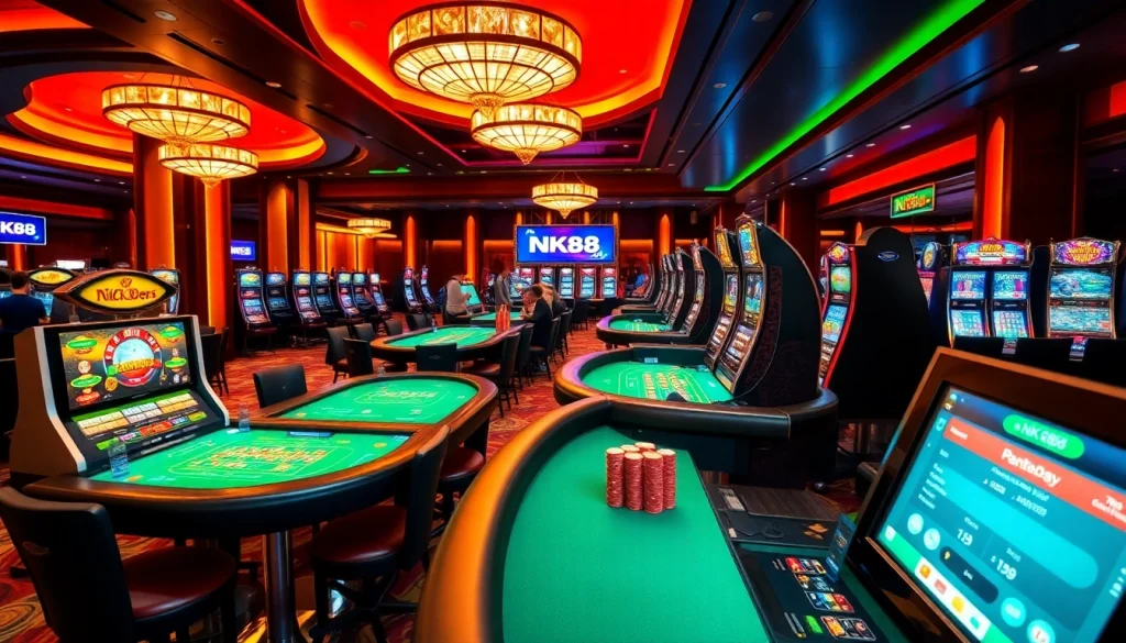 Players enjoying diverse games at NK88 casino, radiating excitement and luxury.