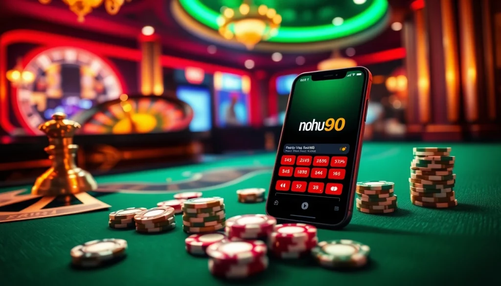 Engaging gameplay on nohu90 app with vibrant casino elements like poker chips and roulette wheel.
