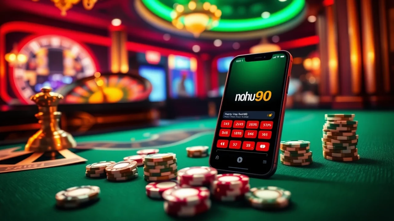 Engaging gameplay on nohu90 app with vibrant casino elements like poker chips and roulette wheel.