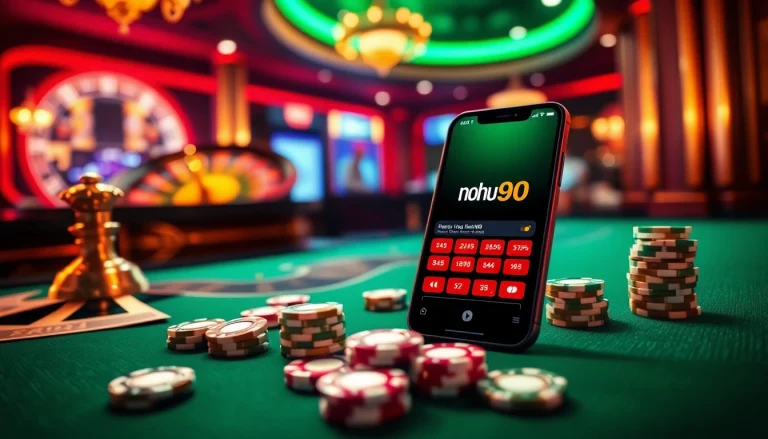 Engaging gameplay on nohu90 app with vibrant casino elements like poker chips and roulette wheel.