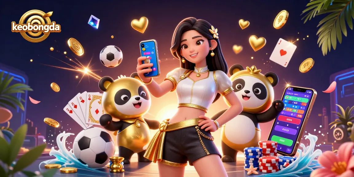 Experience thrilling sports betting at keobongda with a dynamic 3D illustration of a woman and a panda mascot.