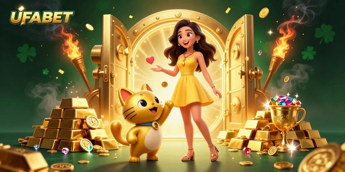 UFABET offers thrilling online gaming with a lucky cat and vibrant coin visuals.