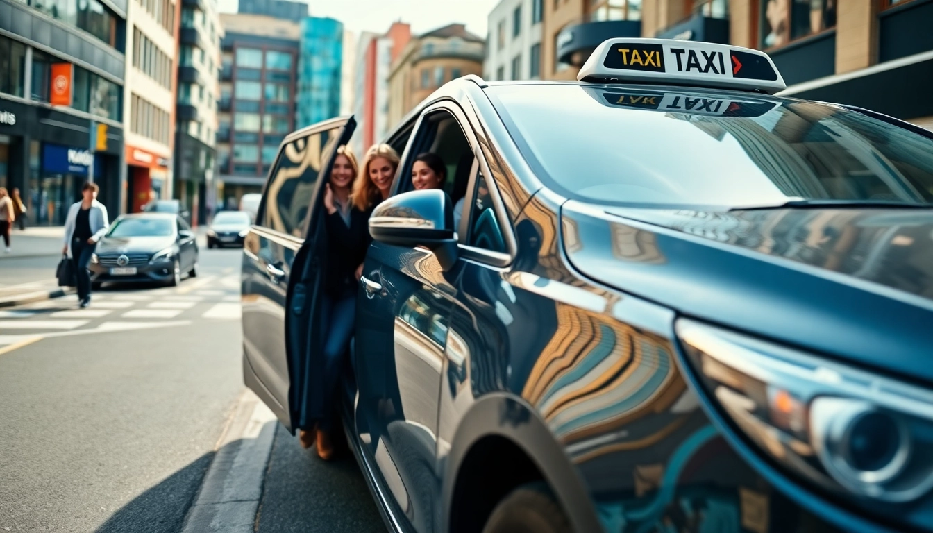 Woking taxi service with happy passengers entering a sleek vehicle on a busy street.