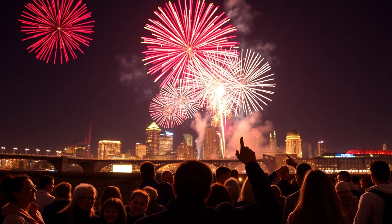 Manchester fireworks illuminating the night sky, captivating a crowd with dazzling colors.