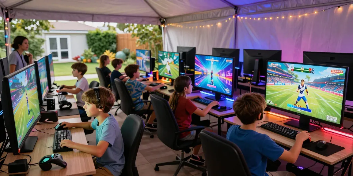 Gaming party London with kids engaged in multiple video games, festive atmosphere, and colorful setup.