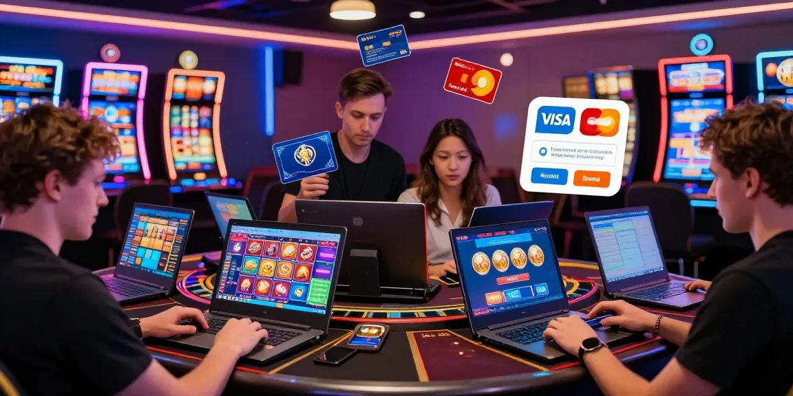 Dynamic scene of UK players enjoying credit card casinos UK on various devices, featuring vibrant gaming atmosphere and popular payment options.