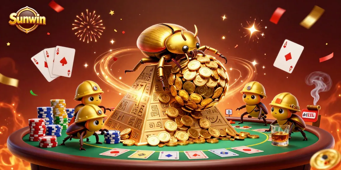 Experience thrilling gameplay at Sunwin with a vibrant scene of golden beetles, poker chips, and celebration.