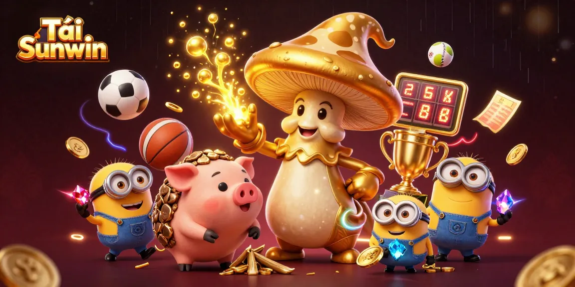 Tải Sunwin captures exhilarating gameplay with a golden wizard and treasure-hunting pig amidst vibrant gaming elements.