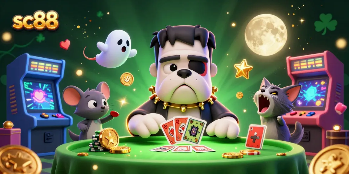 Experience the excitement of sc88 as a cartoon bulldog monster deals cards in a lively casino setting.