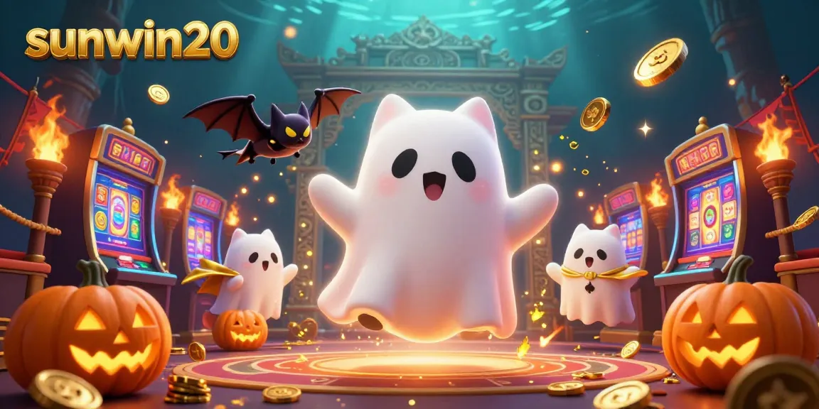 Engage with sunwin20's thrilling casino fantasy, featuring a ghost cat, vampire bat, and glowing jack-o-lanterns amidst vibrant gaming elements.