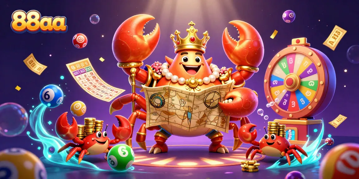 88aa captures the excitement of gaming with a golden crab emperor amidst lottery balls and animated prizes.