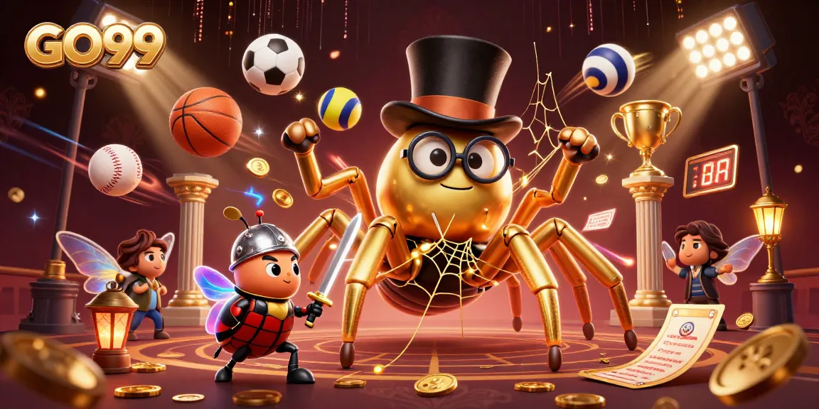 Experience excitement at GO99 with a golden tarantula and knight in a vibrant casino scene.
