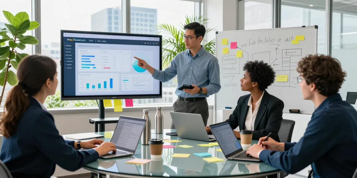 Collaboration in a strategy meeting featuring insights from https://factors.org.uk, showcasing a modern office environment.