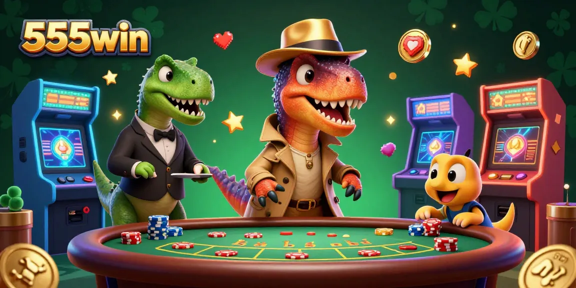 Play thrilling games with 555win, featuring a clever velociraptor attempting to win at blackjack.